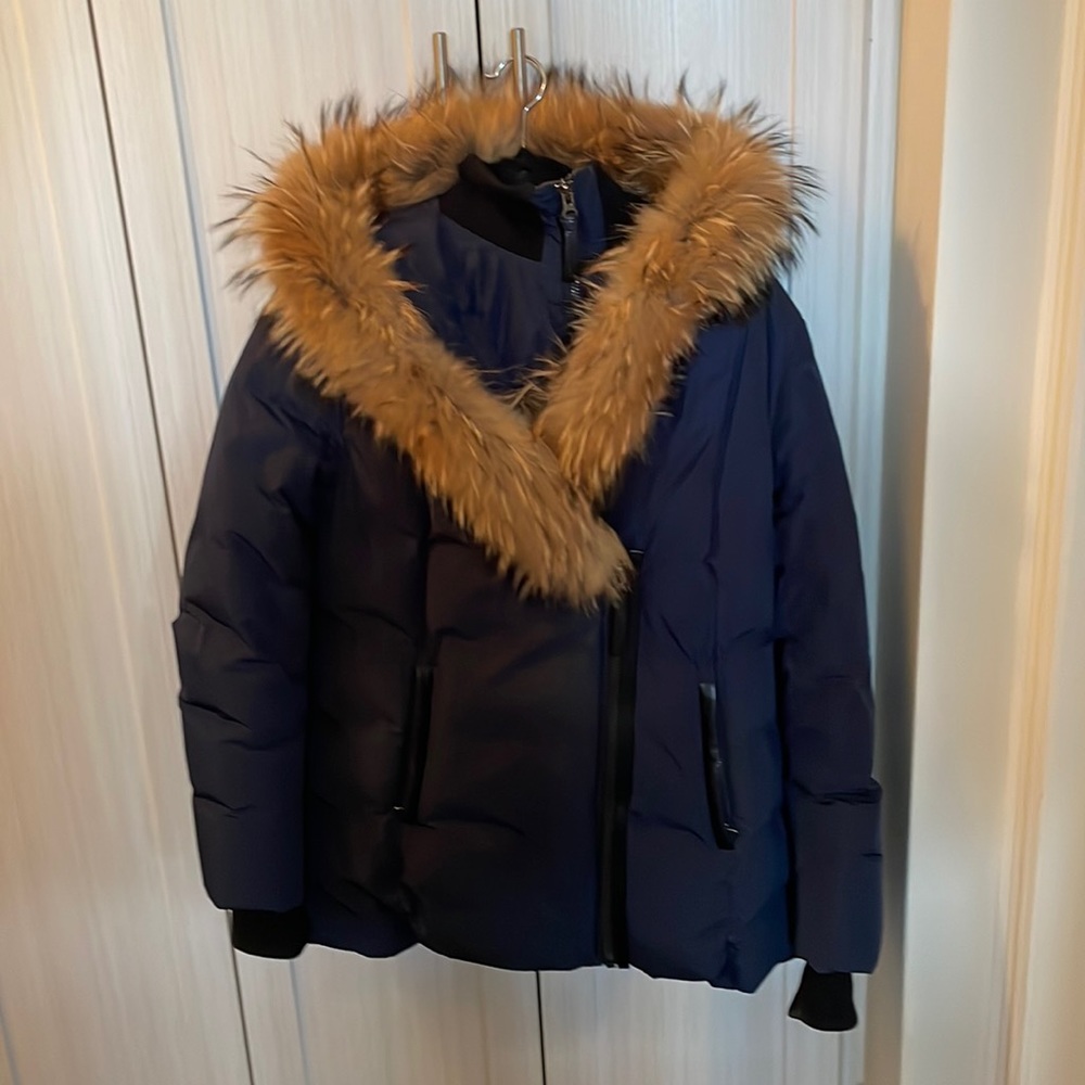 Mackage Adali down coat, navy blue. Gently worn. Lined with signature fox fur.
